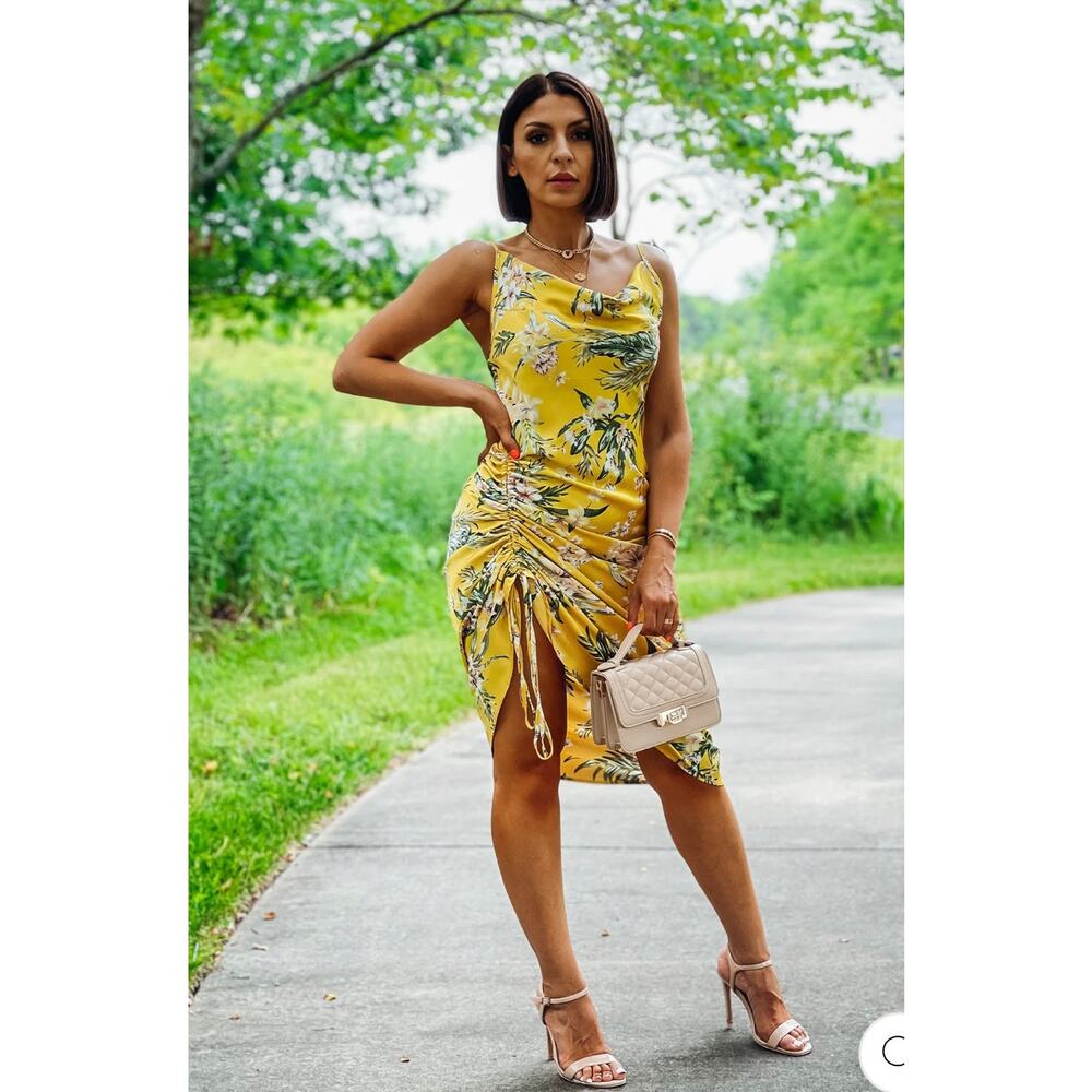Mable Asymmetrical Yellow Floral Midi Dress Cinch Slit Cowl Neck Tropical Small